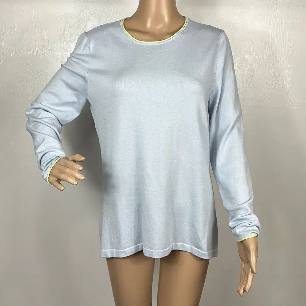 J. McLaughlin Cotton Baby Blue Contrast Trim Crew Neck Pullover Sweater Size L